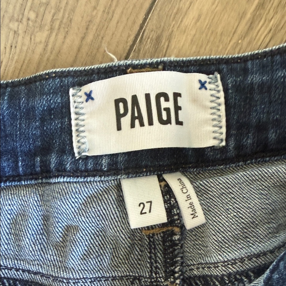 PAIGE Dark Blue Frayed Hem Denim Shorts - Picture 2 of 4